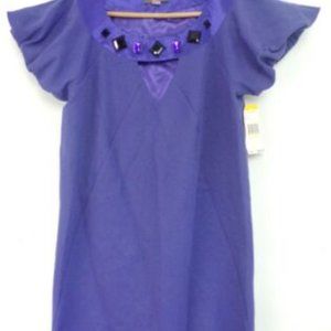 NWT JUST SWEET Purple Jeweled Neck Puff Sleeve Knee Length Dress Medium RV $98